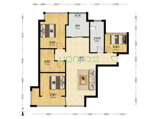 和卉家园 4室1厅1卫 107平方
