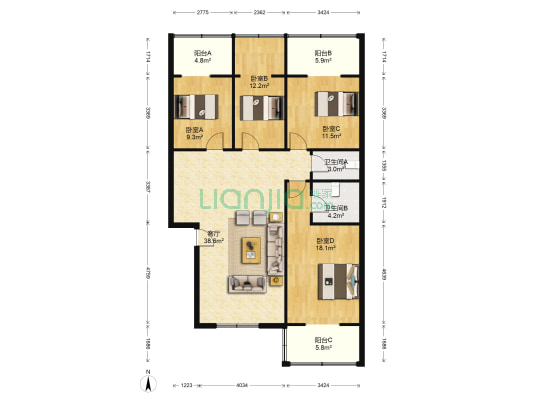 猛追湾街60号 4室1厅2卫 133平方