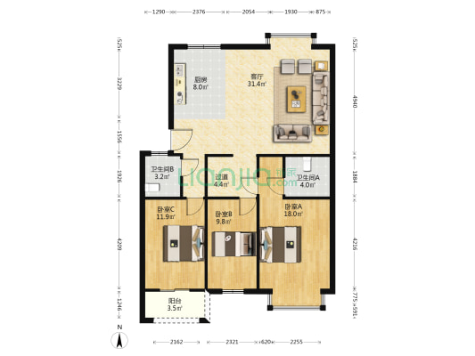 龙江景苑 3室1厅2卫 110平方