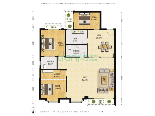亚安花园 3室2厅2卫 158平方