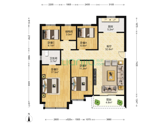 华南城紫荆名都四期锦园 4室1厅1卫 127平方