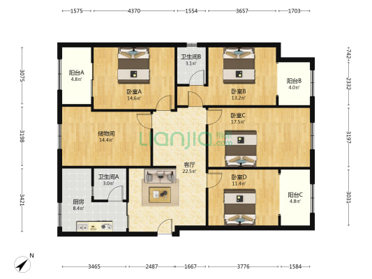 肖家河北街88号 4室1厅2卫 140平方