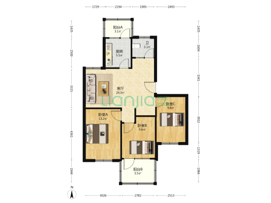 劳动路28号 3室1厅1卫 87平方