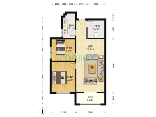 金叶新城 2室1厅1卫 88平方