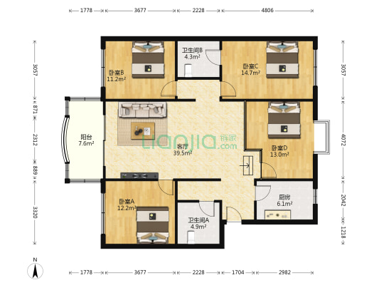 双陆公寓 4室1厅2卫 137平方