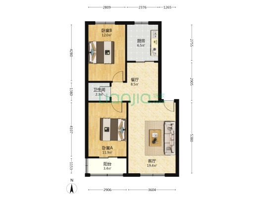 涿州北二环 西丁旁 双塔片区 南北两居户型通透-户型图