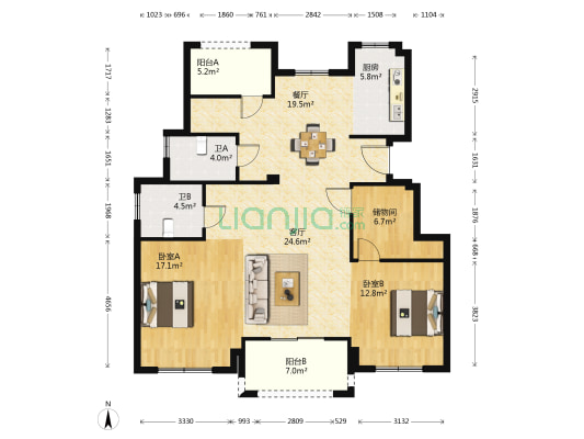 桂花园 2室2厅2卫 115平方