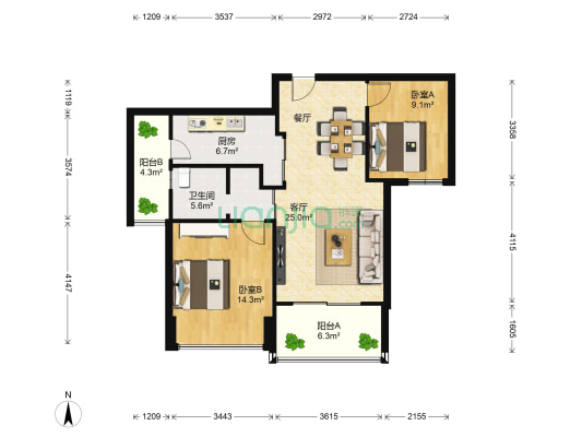 万科金域蓝湾二期 2室1厅1卫 87平方