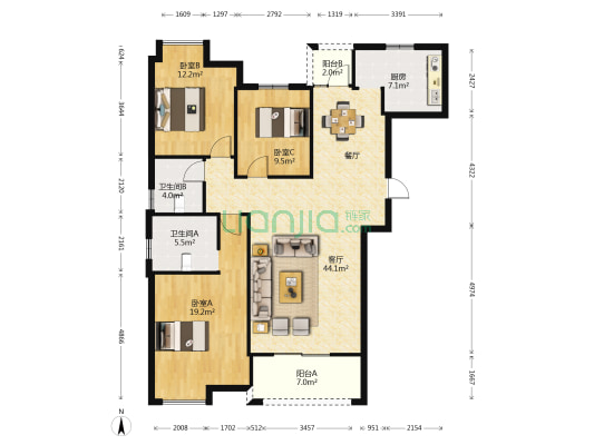 中心名宅 3室1厅2卫 140平方
