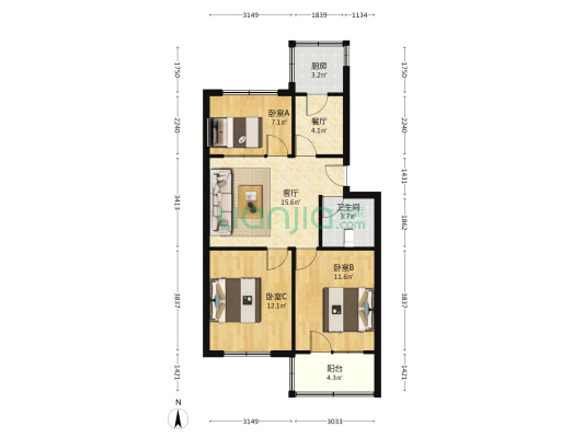 交警楼 3室2厅1卫 73平方