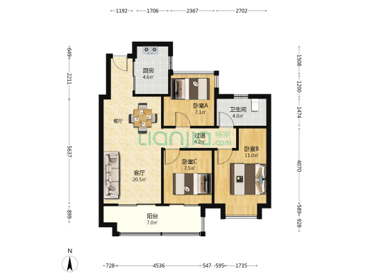 嘉誉尚里 3室1厅1卫 88平方
