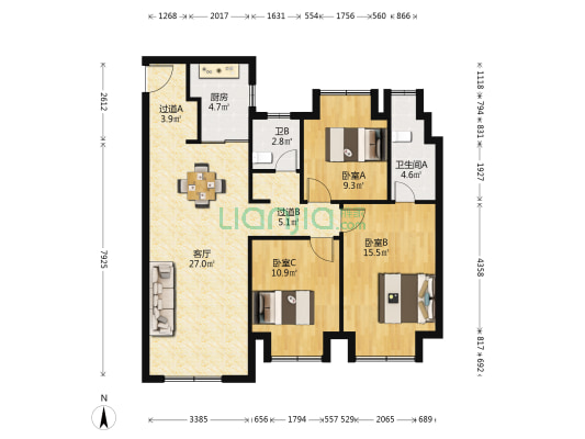 翡丽兰亭 3室1厅2卫 107平方