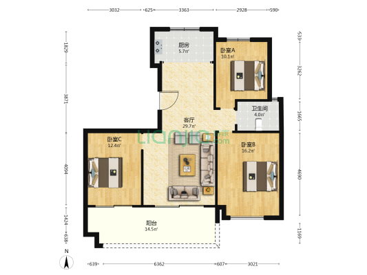 皖创雍龙府 3室1厅1卫 115平方