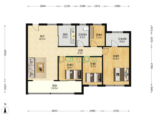 建湖天铂 4室1厅2卫 126平方