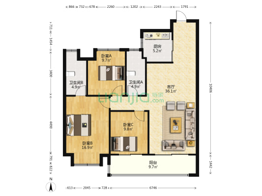 建发珺和府东区 3室1厅2卫 118平方