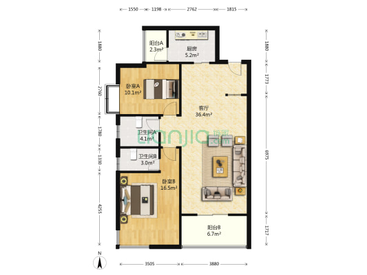 巴黎豪庭 2室1厅2卫 105平方