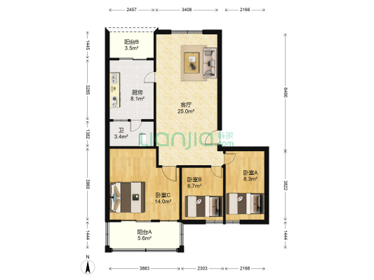 永安路110号 3室1厅1卫 88平方