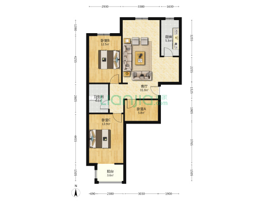 德信公园 南北通透 三居双卫 精装修-户型图