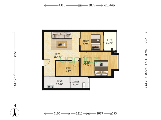富汇豪庭 3室1厅1卫 65平方