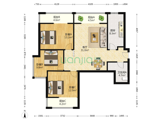 台北湾北区 3室1厅1卫 120平方