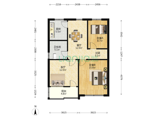 晓塘居民二村 2室2厅1卫 83平方