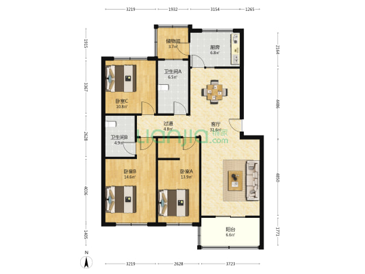 丹凤小区北区 3室1厅2卫 120平方