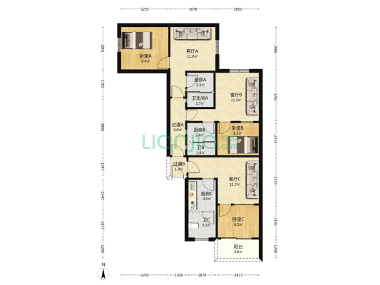 心谊路园林局宿舍 3室3厅3卫 100平方