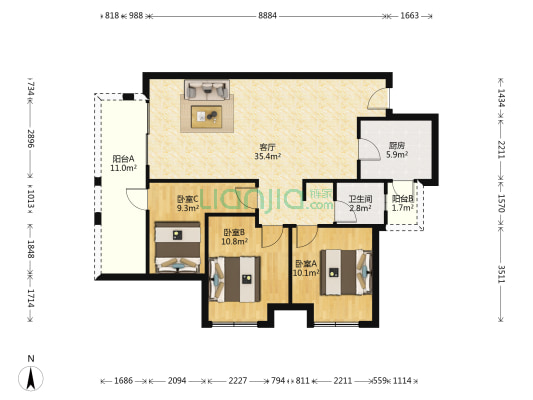 合能枫丹西悦一二期 3室1厅1卫 102平方