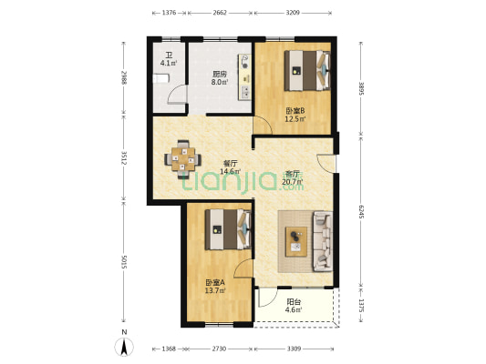 粮所大楼 2室2厅1卫 92平方