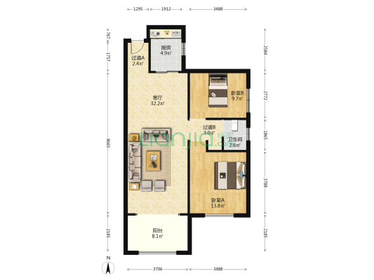 水木天成朝庭 2室1厅1卫 96平方