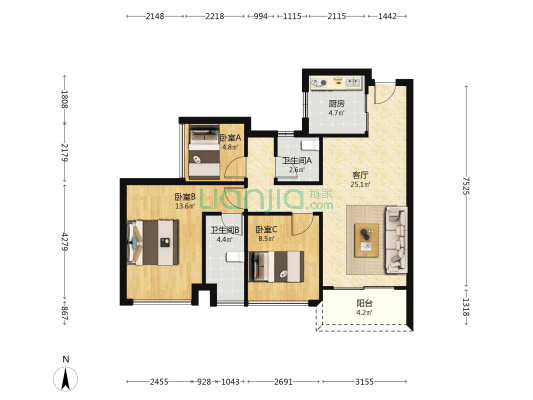 保利湾上 3室1厅2卫 85平方
