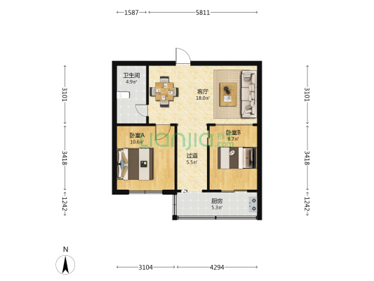 太原大学宿舍区 2室1厅1卫 65平方