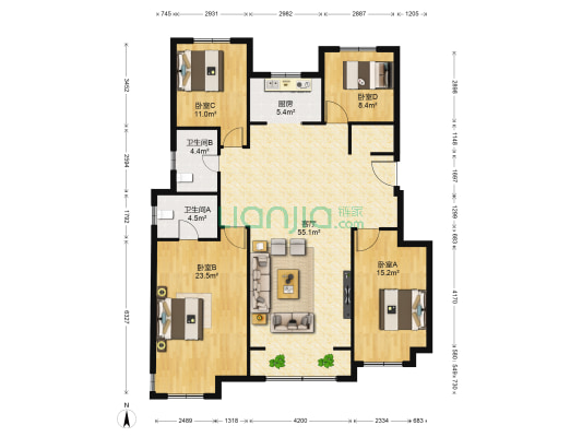 龙湖香醍漫步 4室1厅2卫 141平方