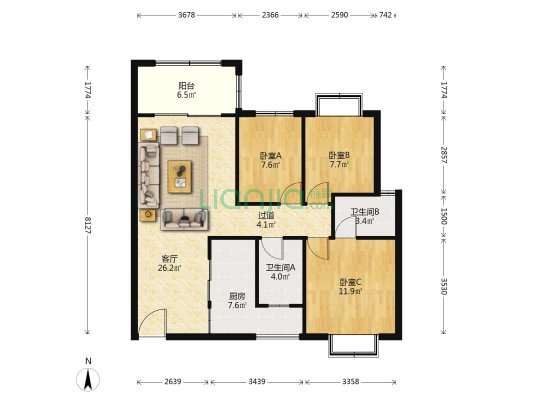 昆明玉器城 3室1厅2卫 89平方