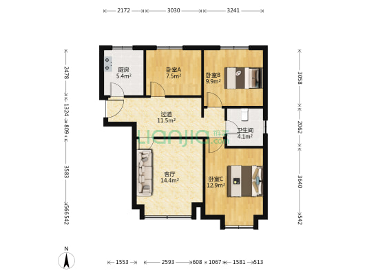 翰澜苑 3室1厅1卫 96平方