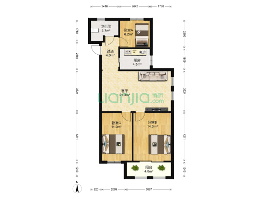 清荷园北园 3室1厅1卫 89平方
