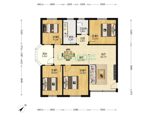 金竹巷 4室2厅1卫 105平方