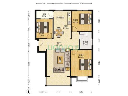 紫金江尚 3室2厅1卫 110平方