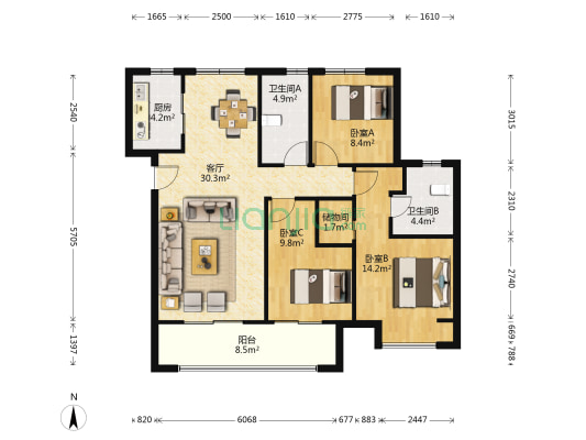 绿地澜庭 3室1厅2卫 121平方