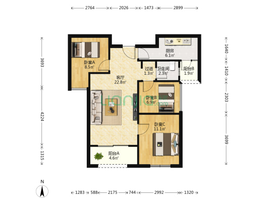 荣泰广场 3室1厅1卫 85平方