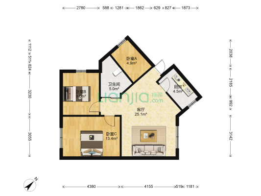 国泰商业花园 3室1厅1卫 77平方