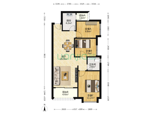广州融创文旅城B1区 3室1厅1卫 90平方