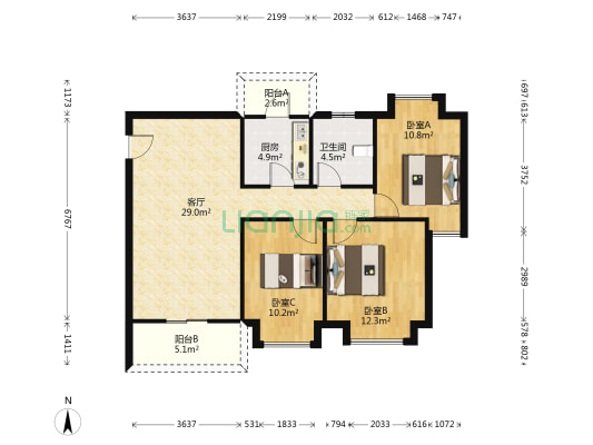 阳光粤港 3室1厅1卫 95平方