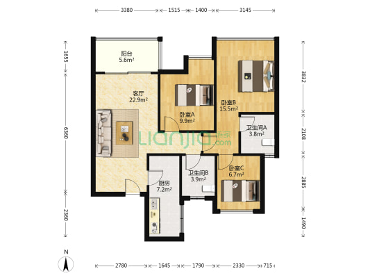 百郦锦城 3室1厅2卫 104平方