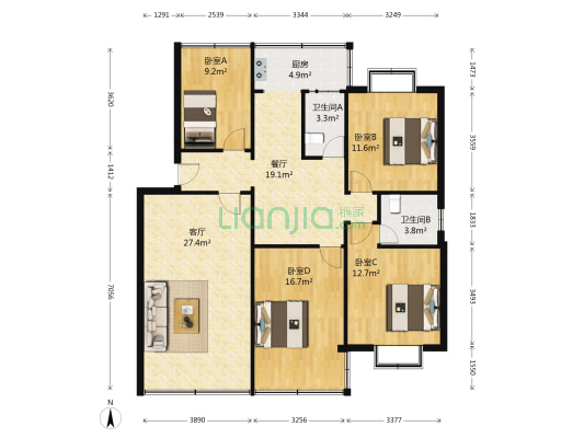 新岗栏东大院 4室2厅2卫 111平方