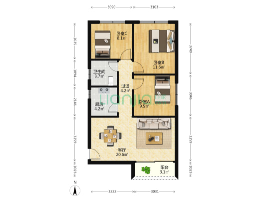 泥岗东路铁路小区 3室1厅1卫 80平方