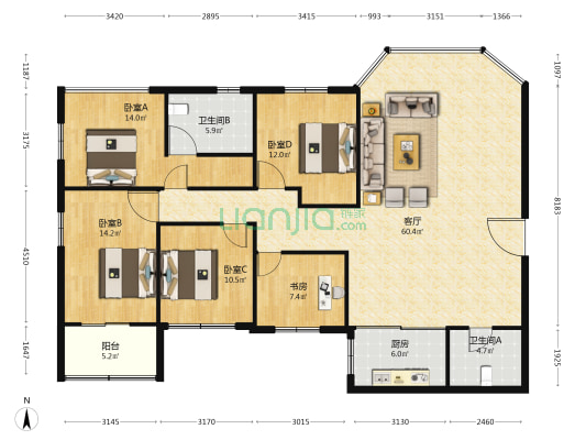 望江大厦 5室1厅2卫 184平方