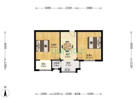 王家坝街1号 2室1厅1卫 46平方