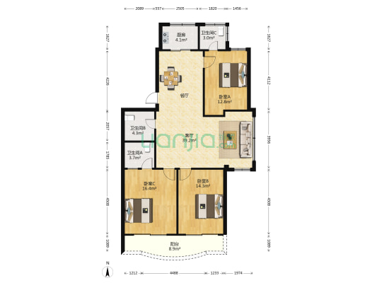 新侨联广场 3室1厅3卫 121平方