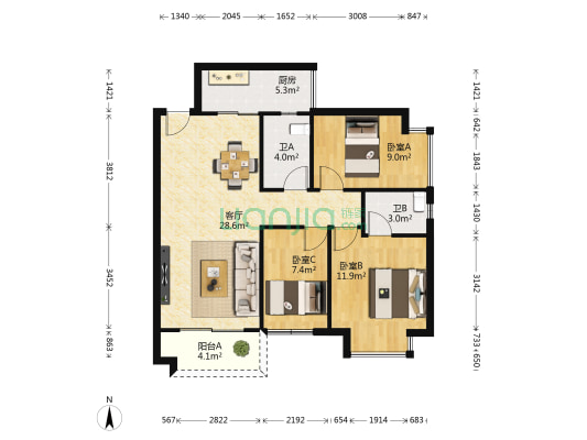 嘉和城白鹭前湖 3室1厅2卫 89平方